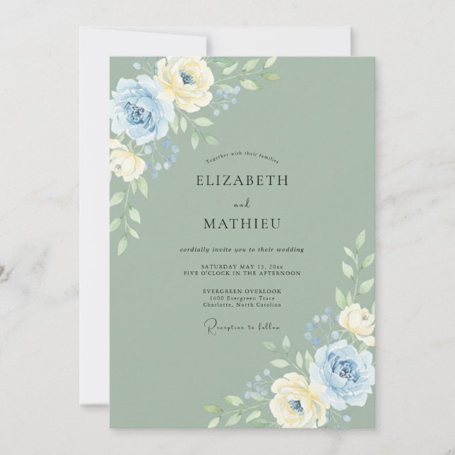 Convites Casamento Peônia Cornflower Celadon (Frente)