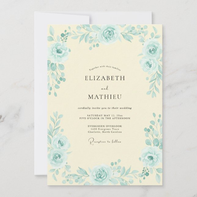 Convites Casamento Peônia Creme Aqua (Frente)