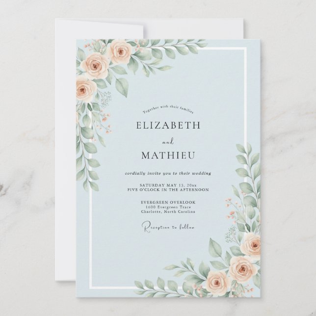 Convites Casamento Peônia Damasco Celeste (Frente)