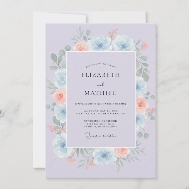 Convites Casamento Peônia Damasco Roxo (Frente)