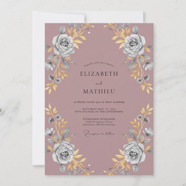 Convites Casamento Peônia Dourada Malva (Frente)