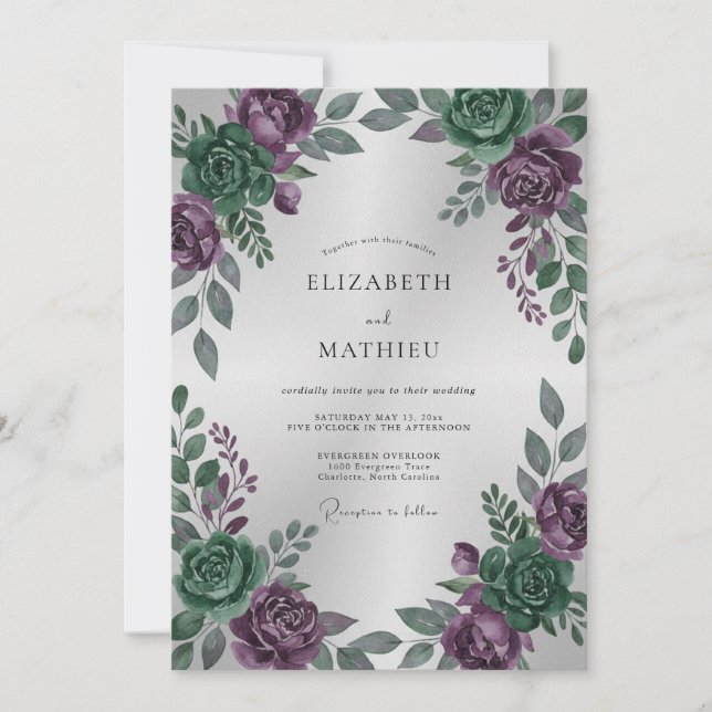 Convites Casamento Peônia Esmeralda Ameixa (Frente)