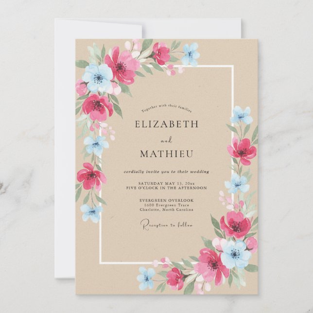 Convites Casamento Peônia Fuchsia Azul-Celeste (Frente)