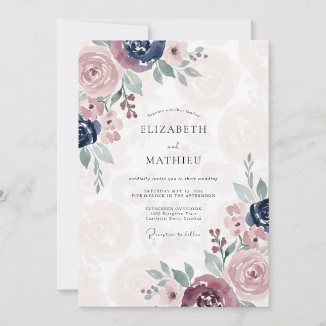 Convites Casamento Peônia Índigo Malva (Frente)