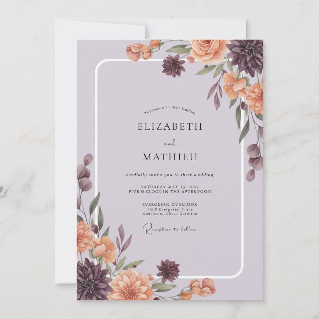 Convites Casamento Peônia Laranja Queimada Mauve (Frente)