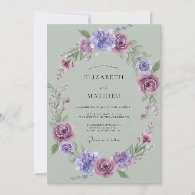 Convites Casamento Peônia Lavanda Celadon (Frente)