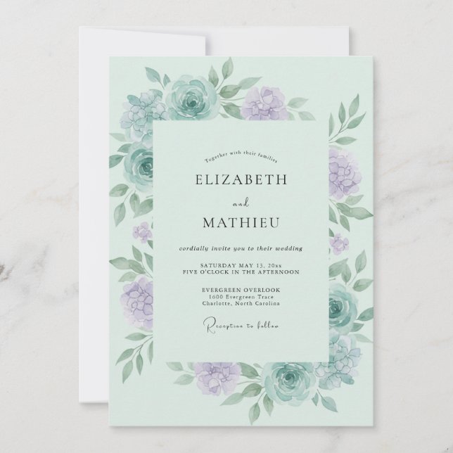Convites Casamento Peônia Lilás Celadon (Frente)