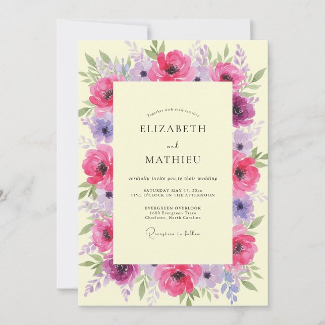 Convites Casamento Peônia Lilás Fúcsia (Frente)