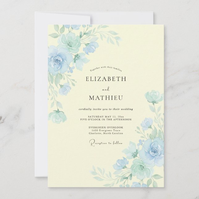 Convites Casamento Peônia Limão Azul-marinho (Frente)