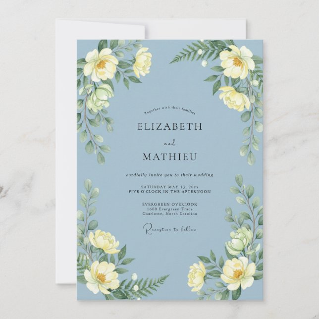 Convites Casamento Peônia Limão Azure (Frente)