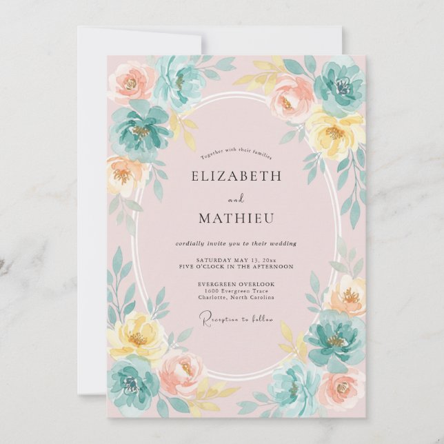 Convites Casamento Peônia Limão Rosado (Frente)