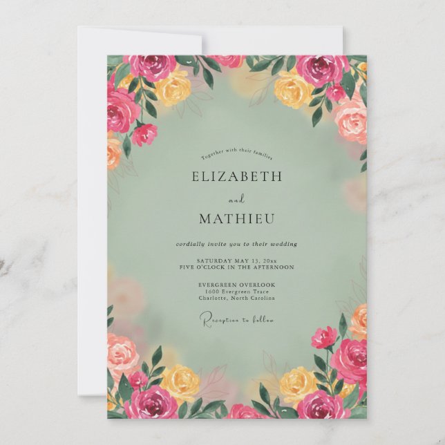 Convites Casamento Peônia Magenta Celadon (Frente)