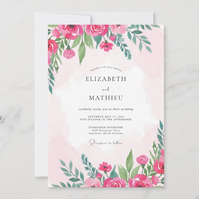 Convites Casamento Peônia Magenta Rosa Pétala (Frente)