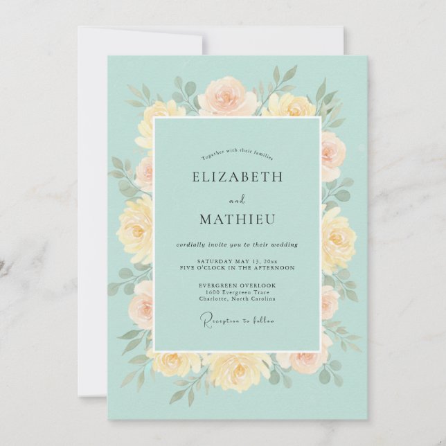 Convites Casamento Peônia Manteiga Celeste (Frente)