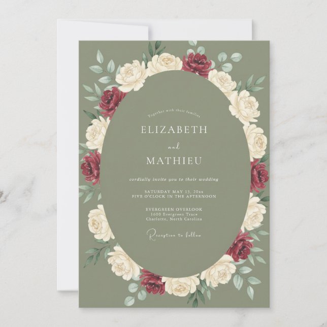 Convites Casamento Peônia Marrom Azeitona Prensada (Frente)