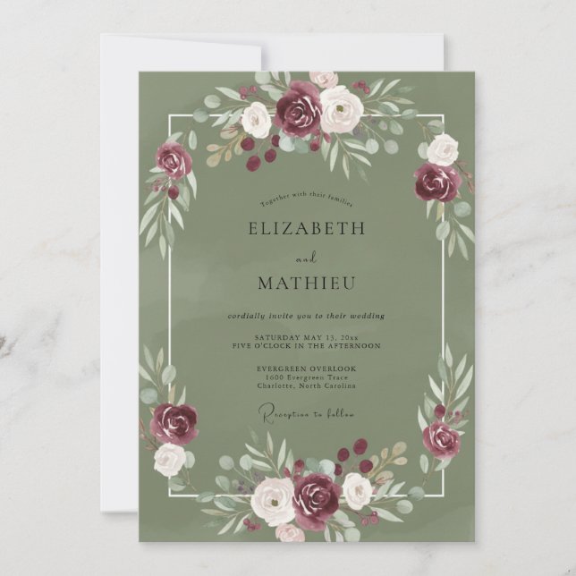 Convites Casamento Peônia Marrom Oliva (Frente)