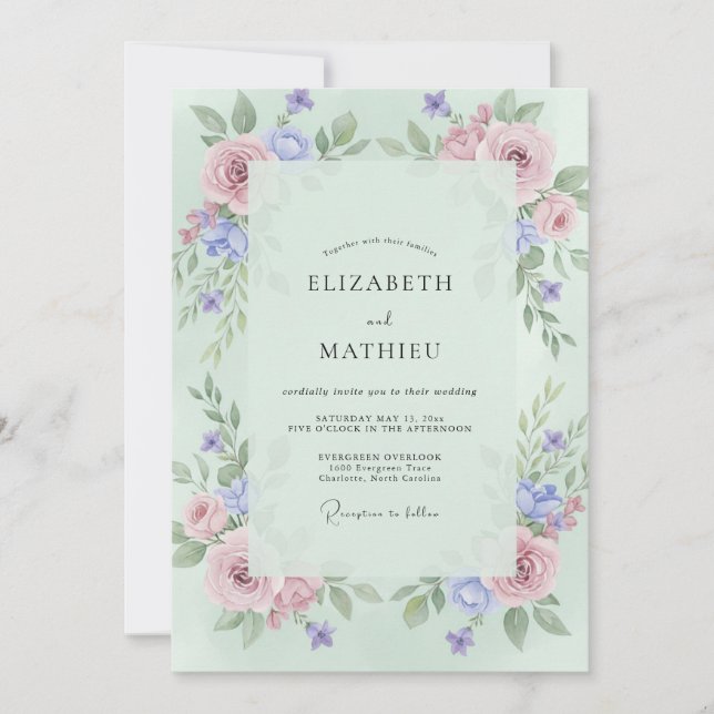 Convites Casamento Peônia Periwinkle Celadon (Frente)