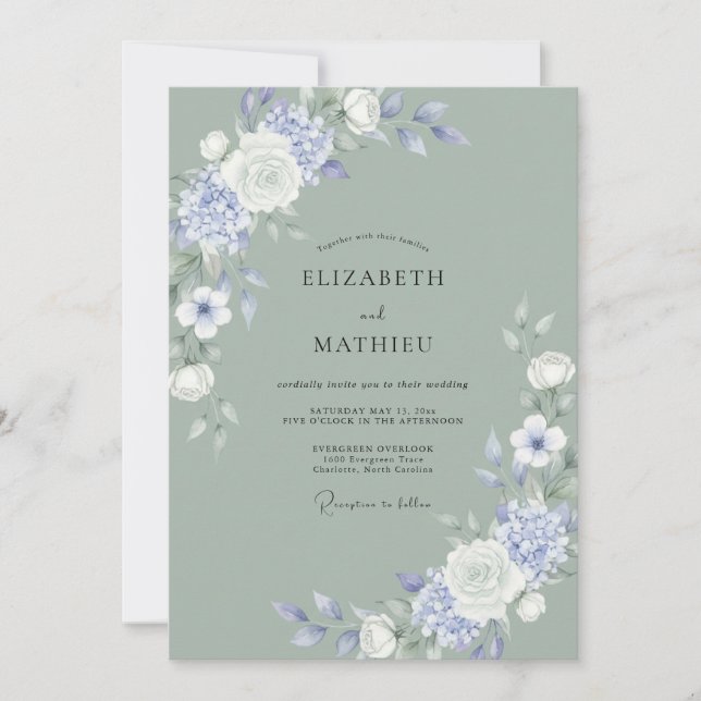 Convites Casamento Peônia Periwinkle Celadon ao Luar (Frente)
