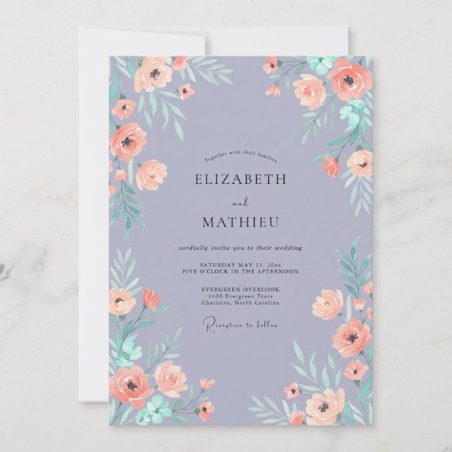 Convites Casamento Peônia Pêssego Bege Rosa Azul (Frente)