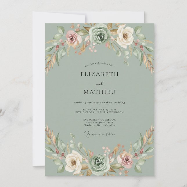 Convites Casamento Peônia Pêssego Celadon (Frente)