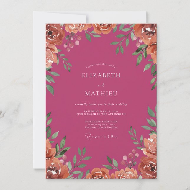 Convites Casamento Peônia Pêssego Magenta (Frente)