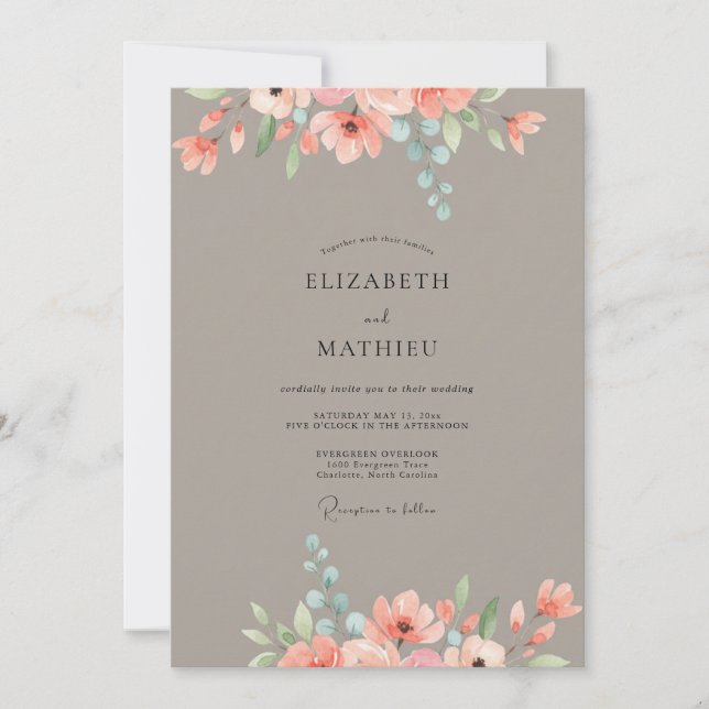 Convites Casamento Peônia Pêssego Taupe (Frente)