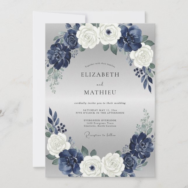 Convites Casamento Peônia Prata Índigo (Frente)
