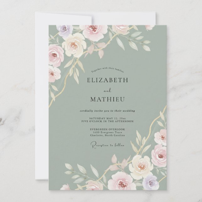 Convites Casamento Peônia Rosa Celadon (Frente)