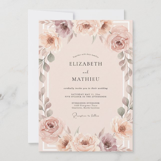 Convites Casamento Peônia Rosa Malva Champagne (Frente)
