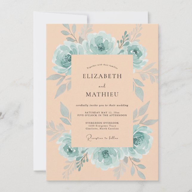 Convites Casamento Peônia Seafoam Pêssego (Frente)