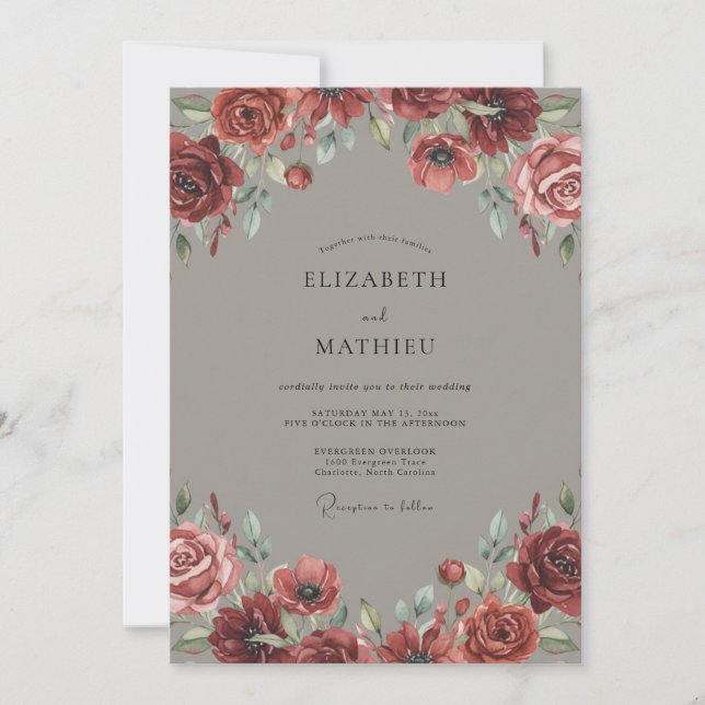Convites Casamento Peônia Taupe Carmesim (Frente)