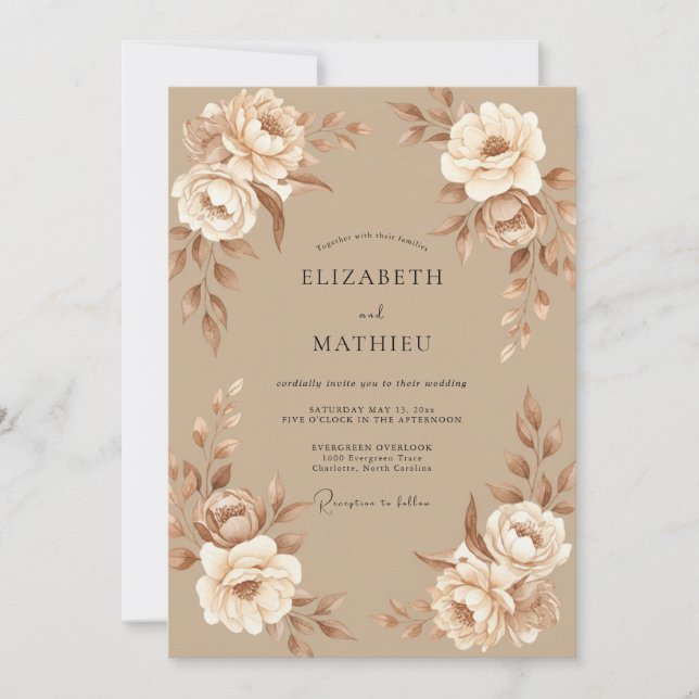 Convites Casamento Peônia Taupe Champagne (Frente)