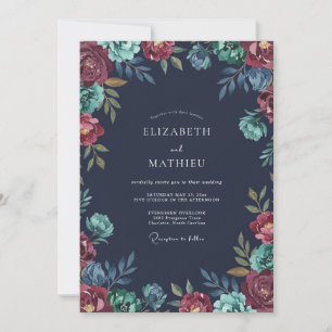 Convites Casamento Peônia Teal Meia-Noite