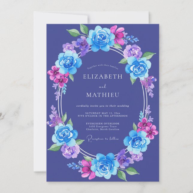 Convites Casamento Peônia Violeta Índigo (Frente)