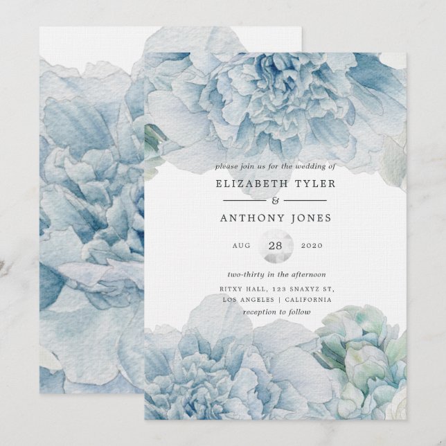 Convites Casamento Peônias Azuis (Frente/Verso)