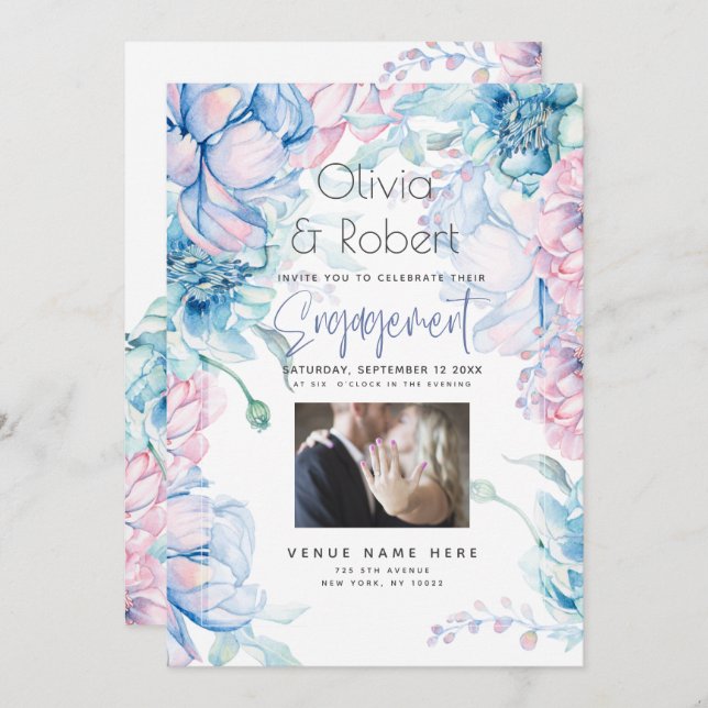 Convites Casamento | Peônias Rosa Bubblegum e Azul Céu (Frente/Verso)