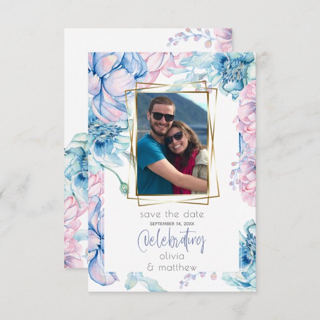 Convites Casamento | Pêonias-rosa-do-céu e bublegum (Frente/Verso)