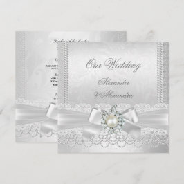 Convites Casamento Pérola Branca Lace Damask Diamante Prata