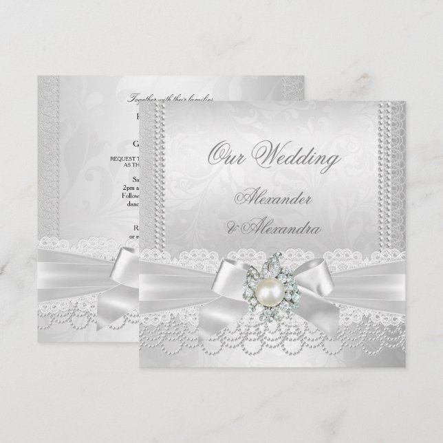 Convites Casamento Pérola Branca Lace Damask Diamante Prata (Frente/Verso)