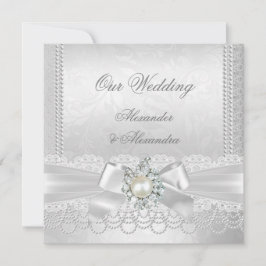 Convites Casamento Pérola Branca Lace Damask Diamante Prata