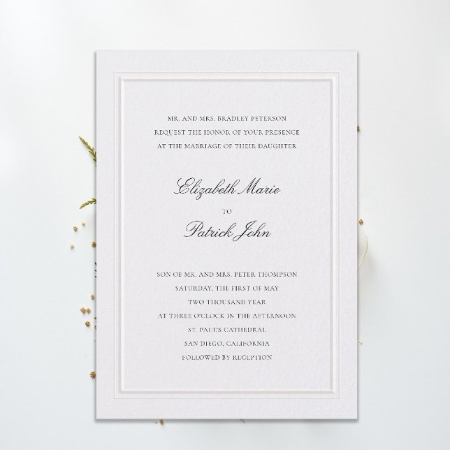 Convites Casamento Pérola em Quadro Clássico Moderno Elevad (modern classic wedding invitation double frame elevated pearl formal traditional calligraphy stately)