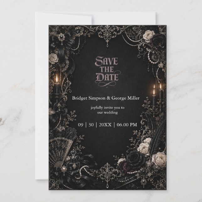 Convites Casamento Pérola Rosa Barroco Vitoriano Gótico  (Frente)