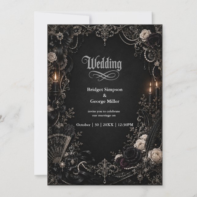 Convites Casamento Pérola Rosa Barroco Vitoriano Gótico  (Frente)