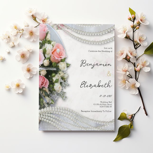Convites Casamento pérola rosa estilo vintage (Vintage style pink white rose pearl Wedding)