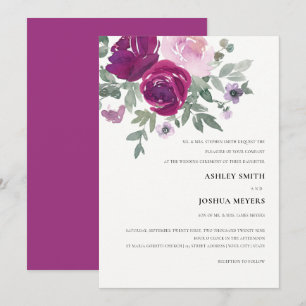 Convites Casamento Pérola Rosa Magenta Floral Aquarela Bran