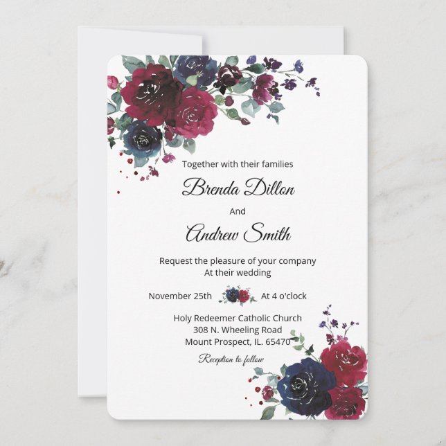 Convites Casamento Personalizado Azul Marinho e Borgonha (Frente)