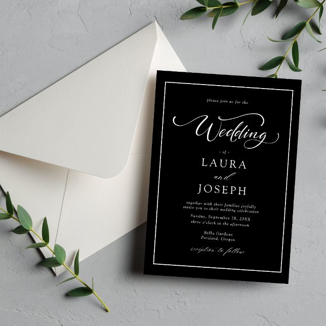 Convites Casamento Personalizado Clássico Elegante Preto e  (Personalized black and white invitation adds classic elegance to your wedding details)