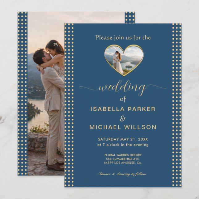 Convites Casamento personalizado com bolinhas douradas e az (Frente/Verso)