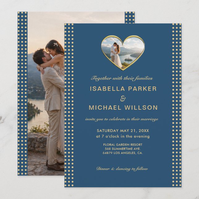 Convites Casamento personalizado com bolinhas douradas e az (Frente/Verso)