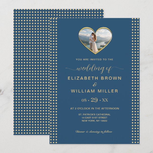 Convites Casamento personalizado com bolinhas douradas e az (Frente/Verso)
